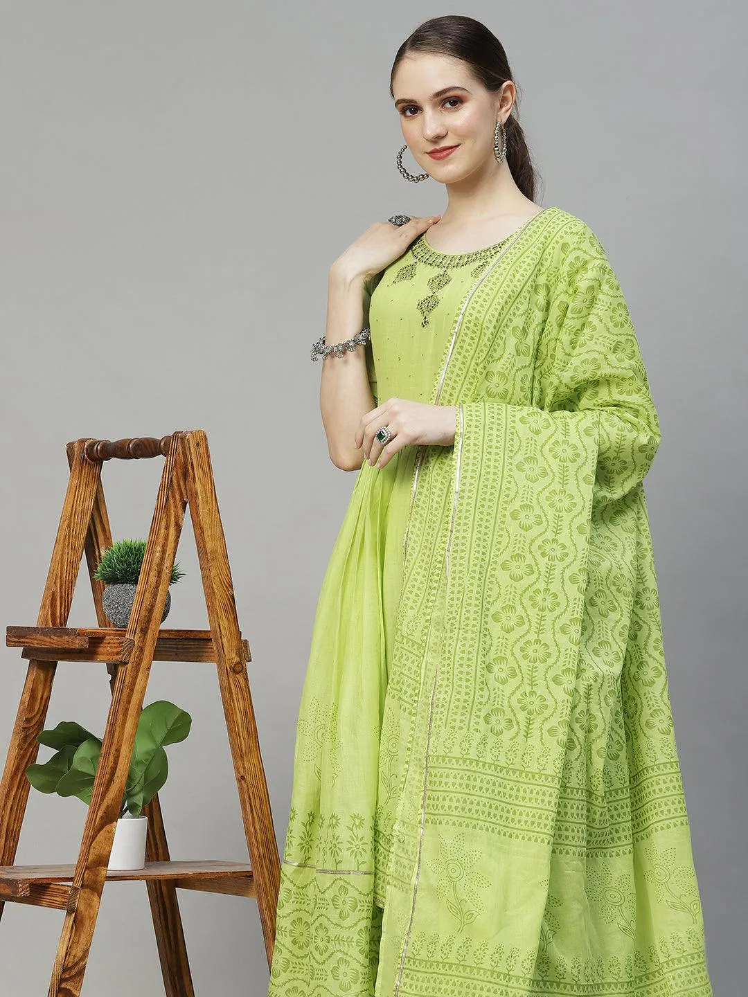 Ethnic Embroidered Flared Kurta with Pants & Dupatta - Light Green