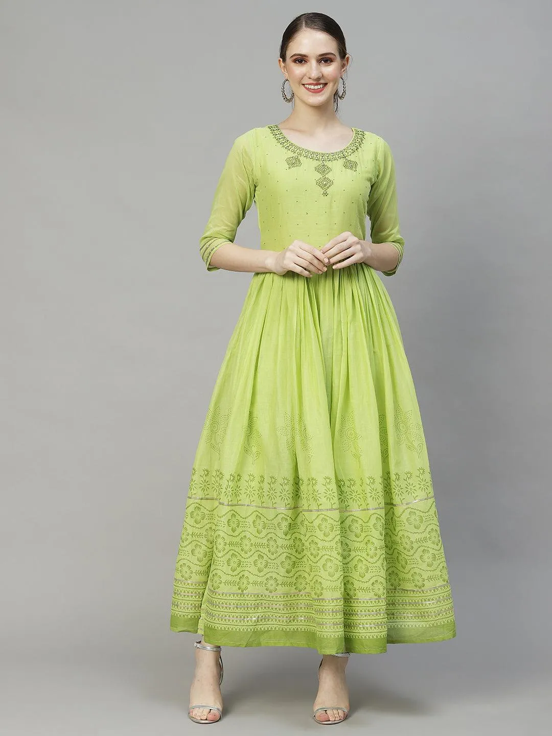 Ethnic Embroidered Flared Kurta with Pants & Dupatta - Light Green