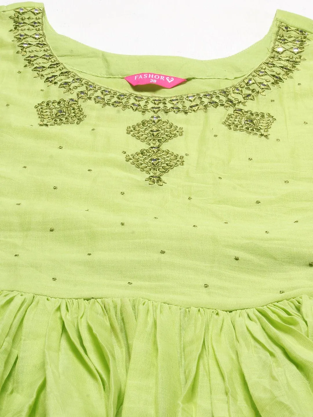 Ethnic Embroidered Flared Kurta with Pants & Dupatta - Light Green