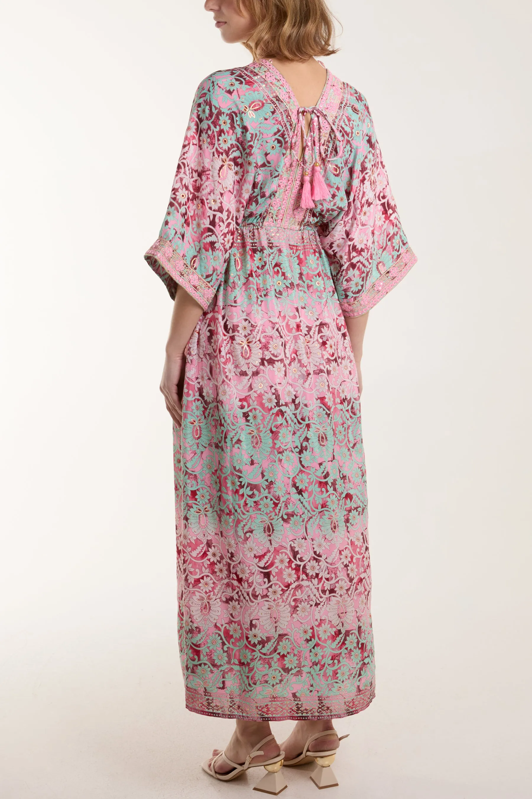 Floral Design Embellished Art Silk Kimono Dress