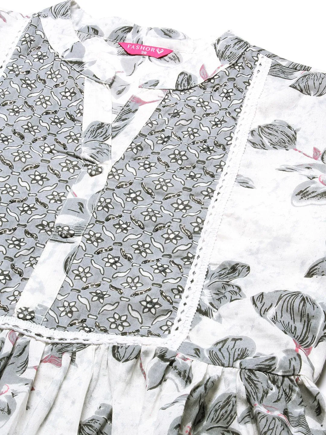 Floral Printed Hand Embroidered Kurta With Pants & Dupatta - White