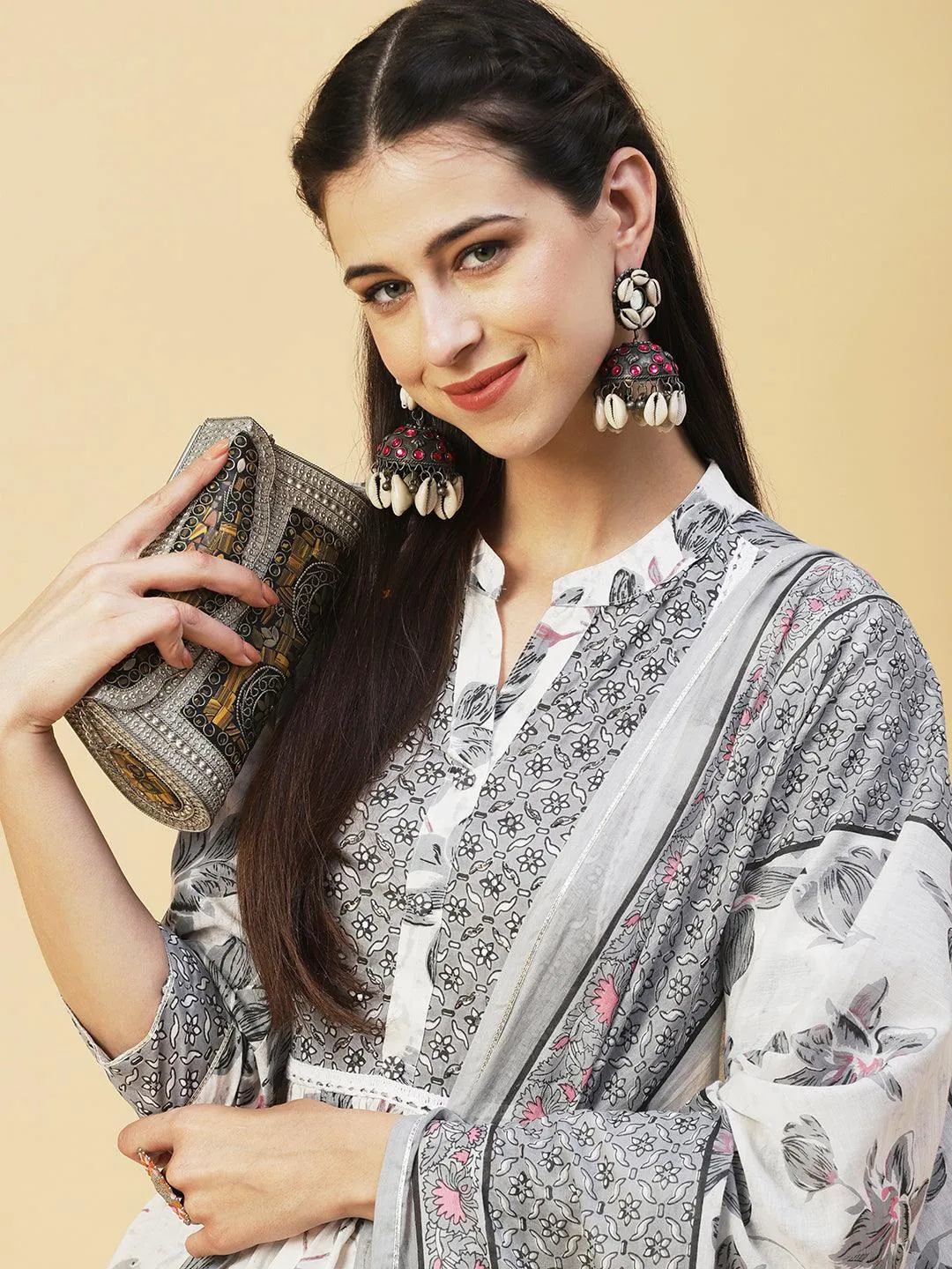 Floral Printed Hand Embroidered Kurta With Pants & Dupatta - White
