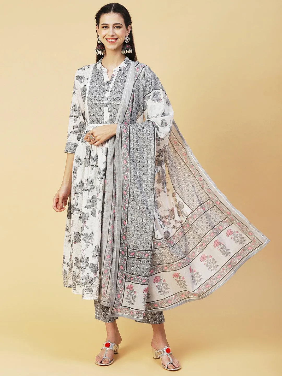 Floral Printed Hand Embroidered Kurta With Pants & Dupatta - White