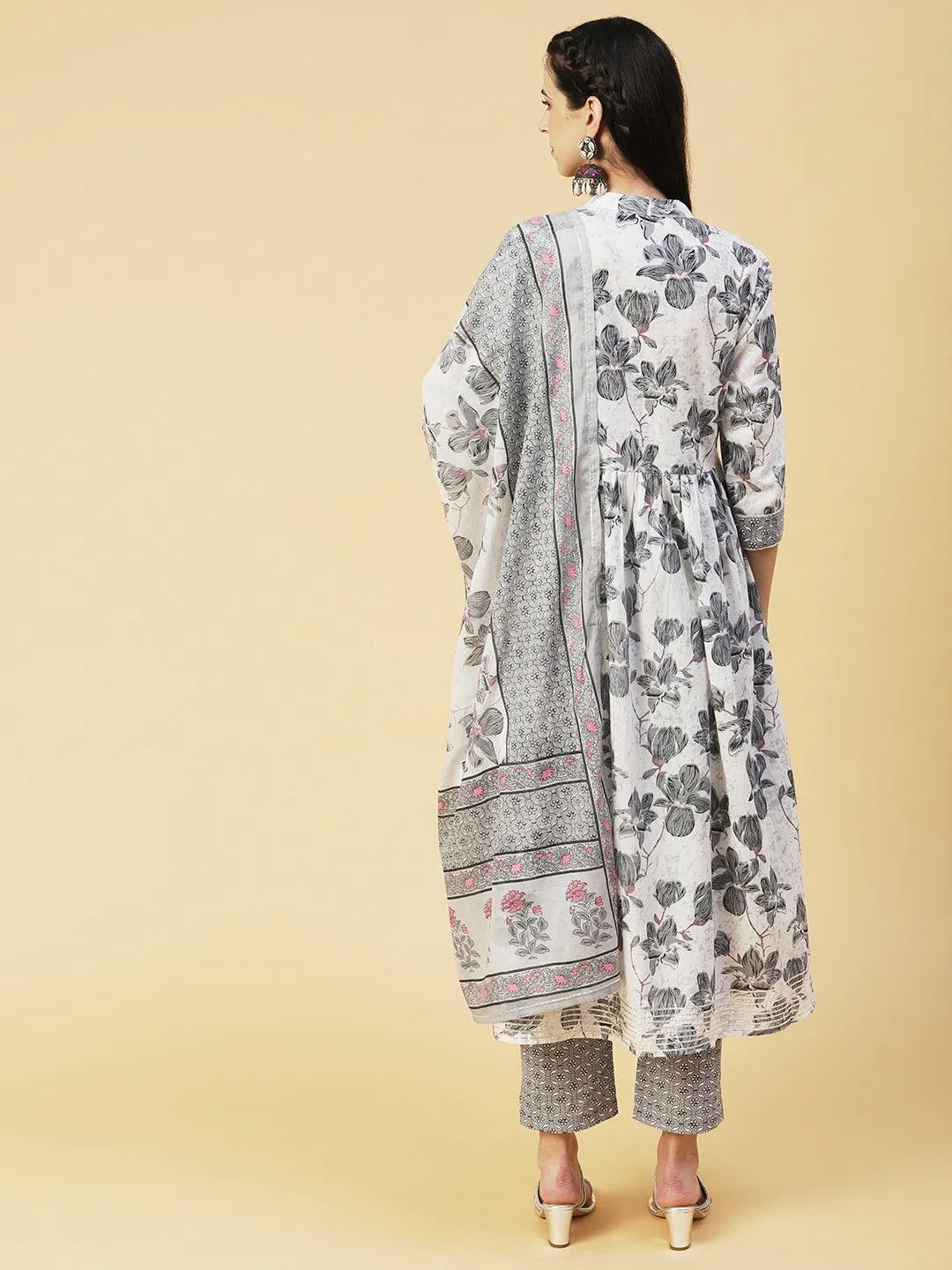 Floral Printed Hand Embroidered Kurta With Pants & Dupatta - White