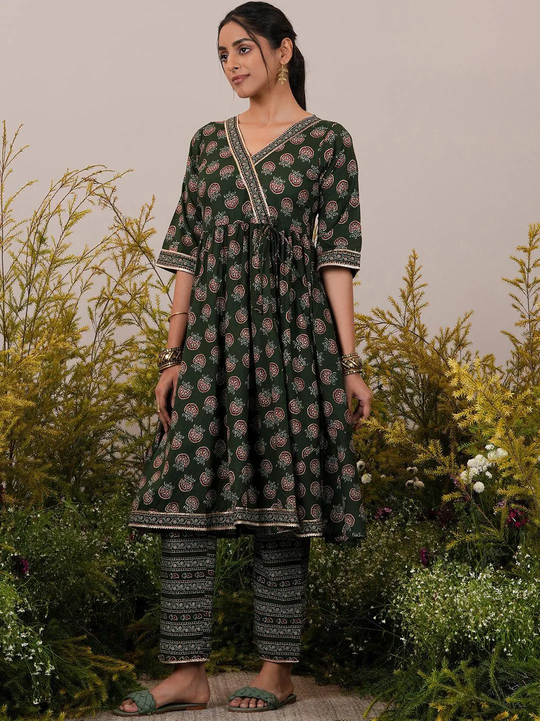 Green Printed Cotton Anarkali Suit With Dupatta