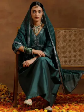 Green Solid Silk Blend A-Line Kurta With Trousers & Dupatta