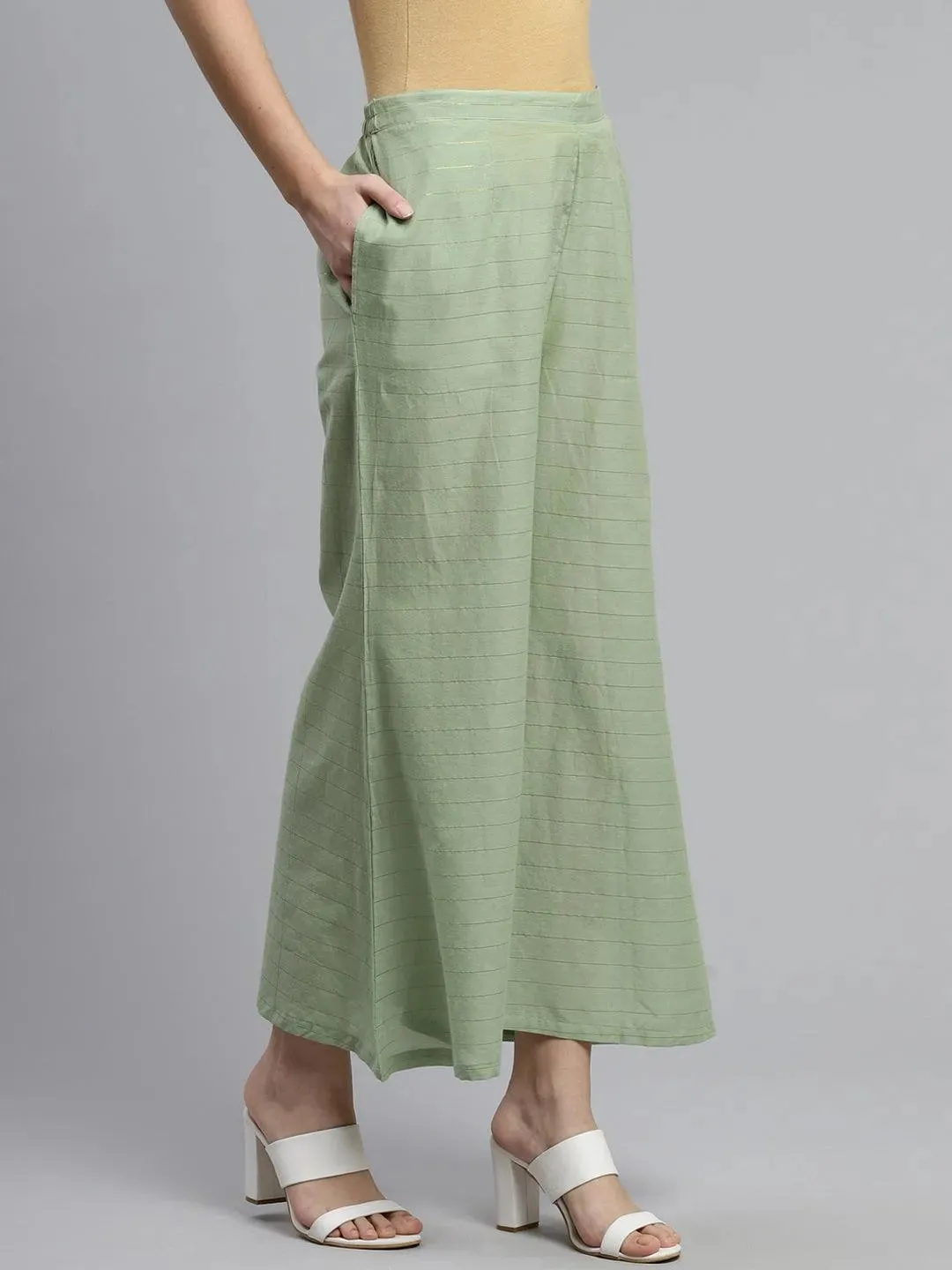 Green Striped Cotton Palazzos