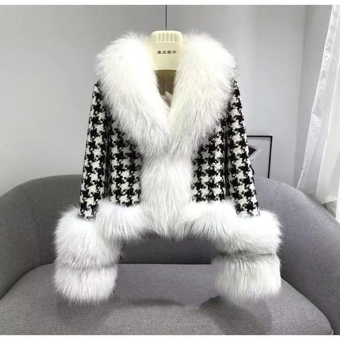 Houndstooth Faux Fur Jacket – Short Silver Fox Collar Urban Chic Coat