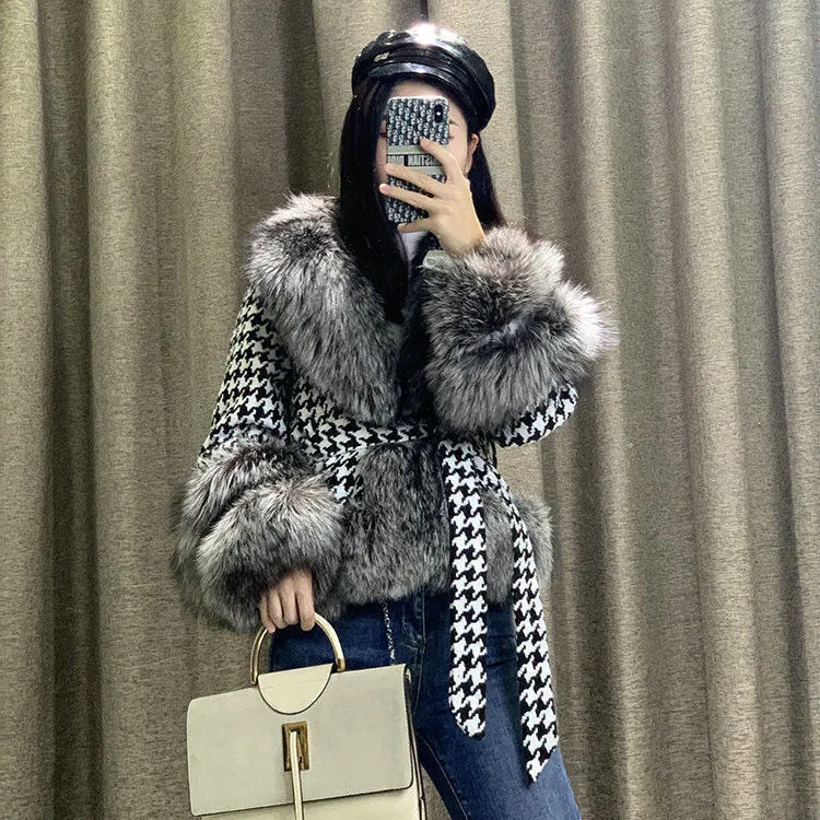 Houndstooth Faux Fur Jacket – Short Silver Fox Collar Urban Chic Coat