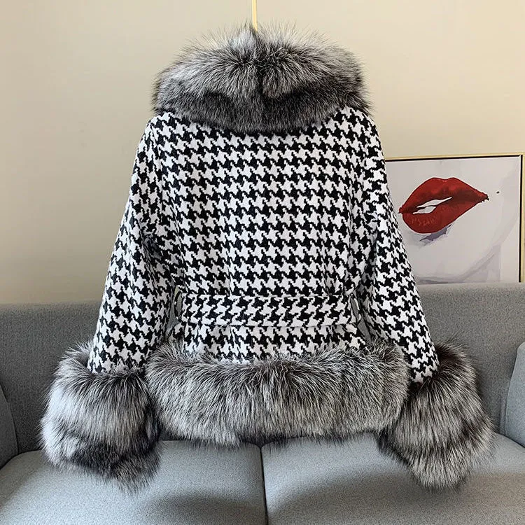 Houndstooth Faux Fur Jacket – Short Silver Fox Collar Urban Chic Coat