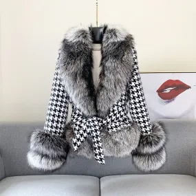 Houndstooth Faux Fur Jacket – Short Silver Fox Collar Urban Chic Coat