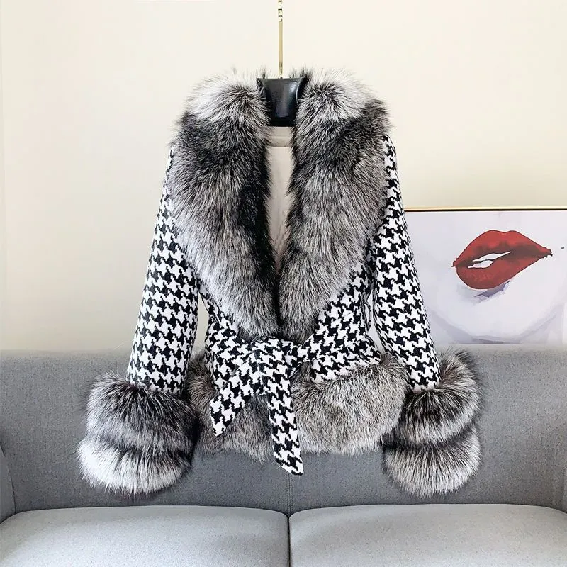 Houndstooth Faux Fur Jacket – Short Silver Fox Collar Urban Chic Coat