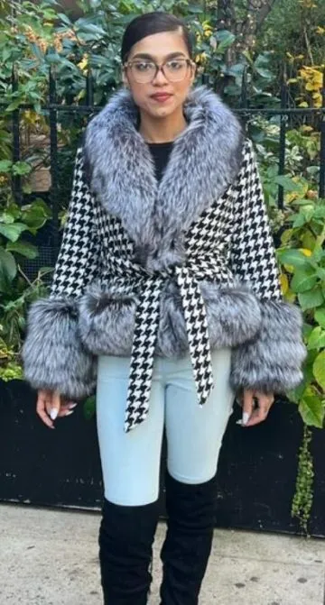 Houndstooth Faux Fur Jacket – Short Silver Fox Collar Urban Chic Coat