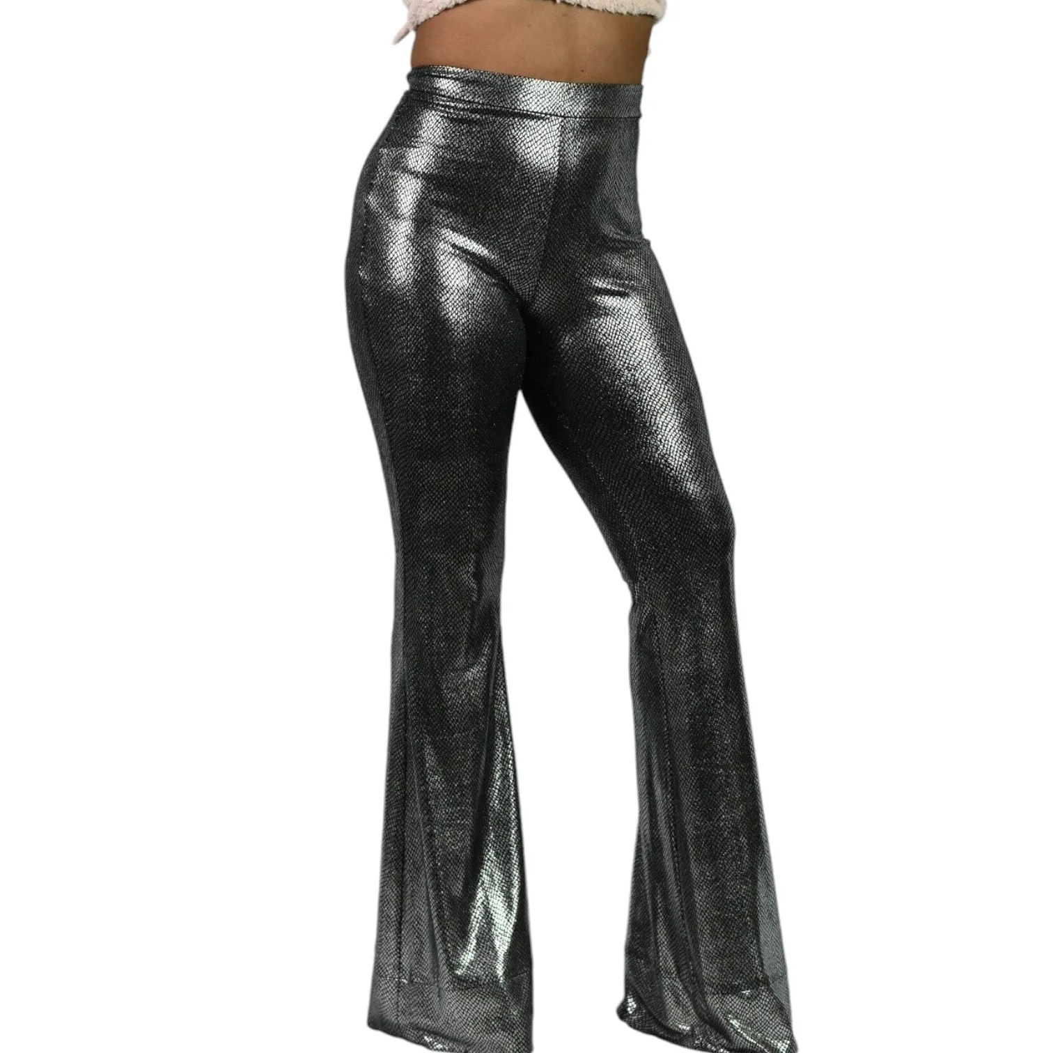 I Am Gia Tiger Mist Flare Pants Silver Metallic Bell Bottom High Rise Flare Textured Snakeskin Size Small