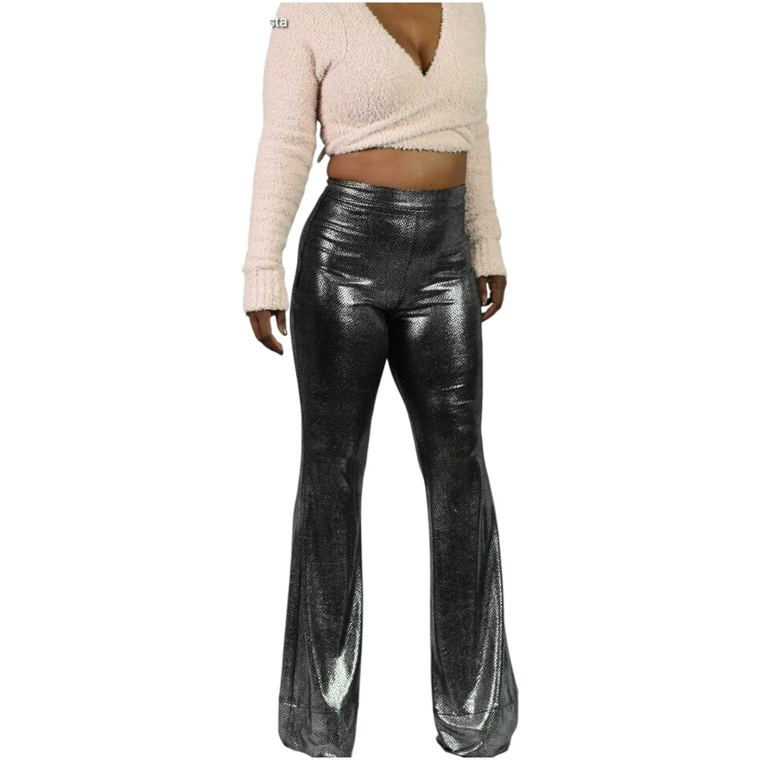 I Am Gia Tiger Mist Flare Pants Silver Metallic Bell Bottom High Rise Flare Textured Snakeskin Size Small