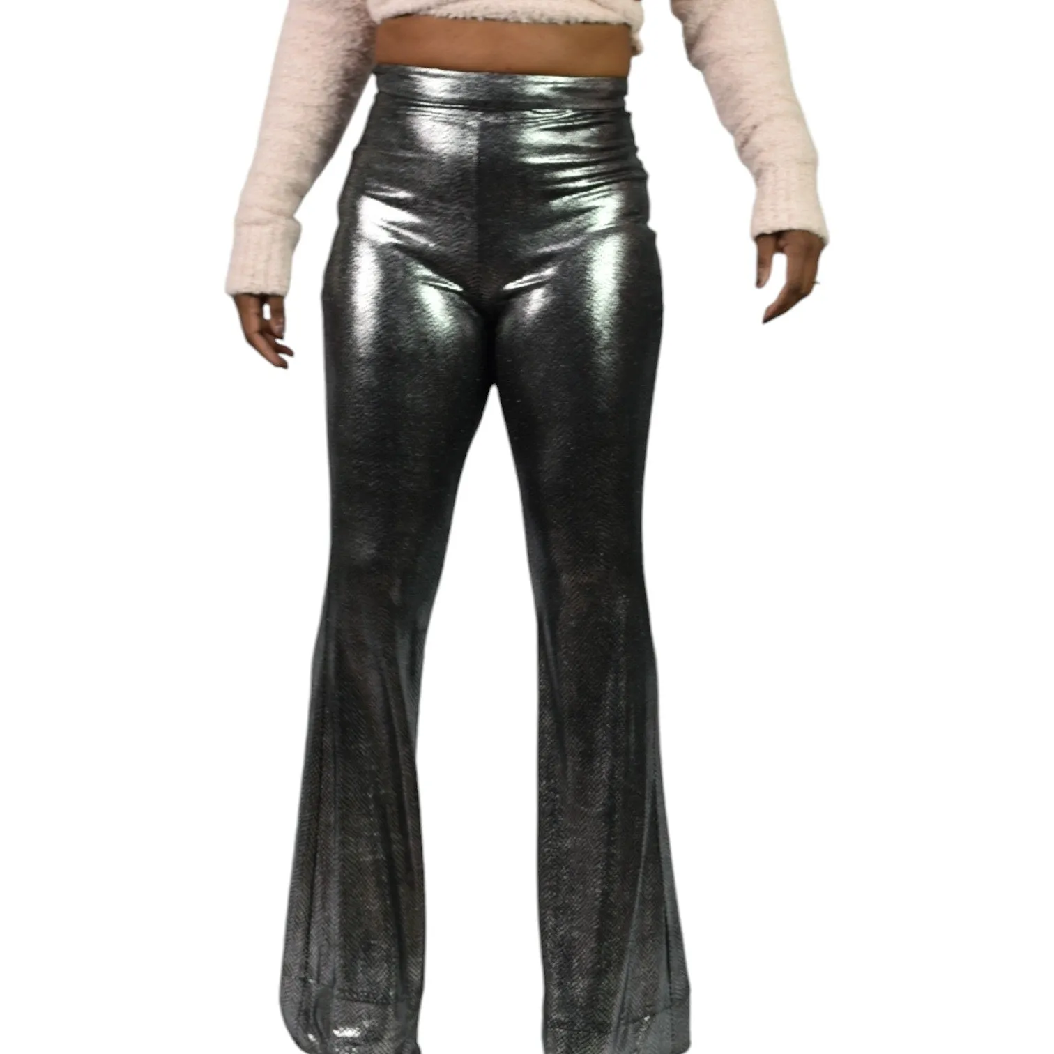 I Am Gia Tiger Mist Flare Pants Silver Metallic Bell Bottom High Rise Flare Textured Snakeskin Size Small