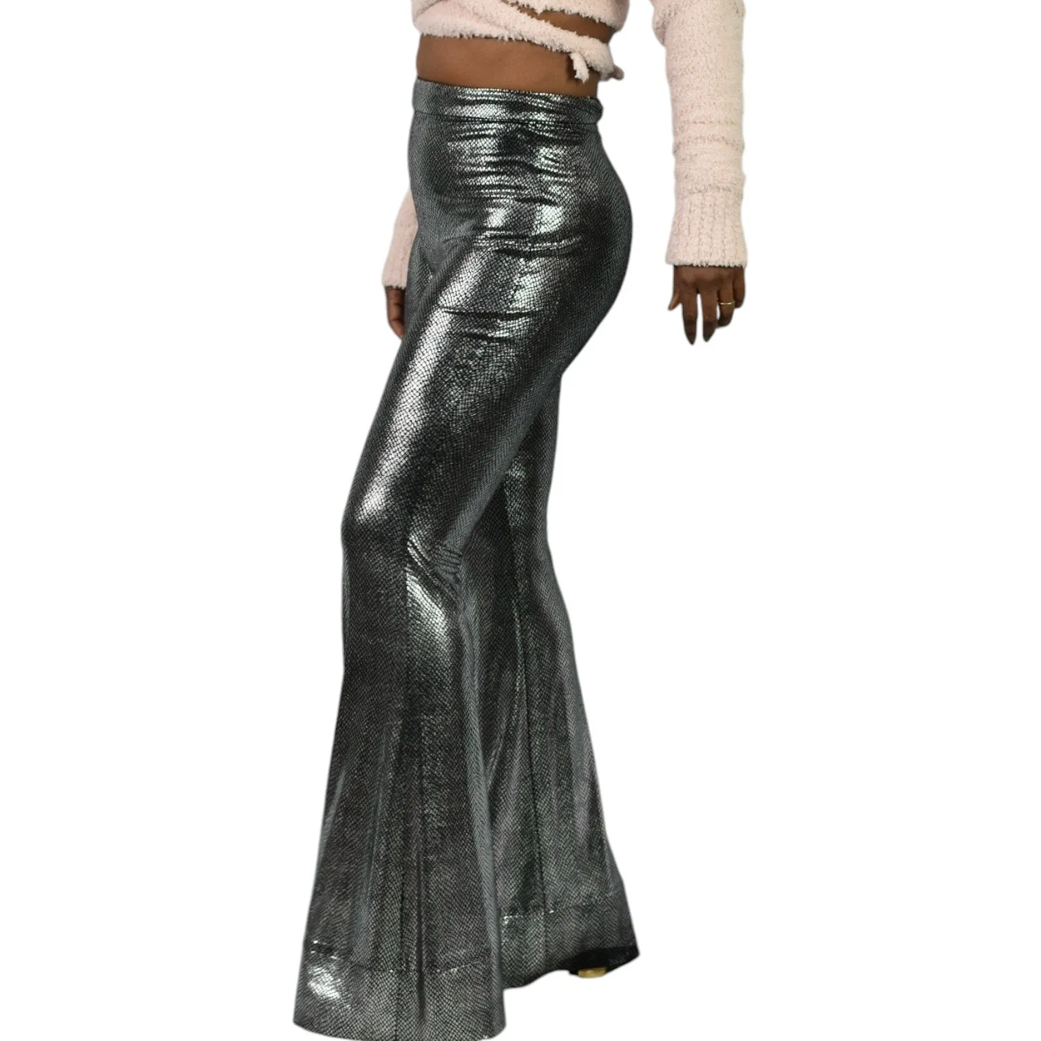 I Am Gia Tiger Mist Flare Pants Silver Metallic Bell Bottom High Rise Flare Textured Snakeskin Size Small