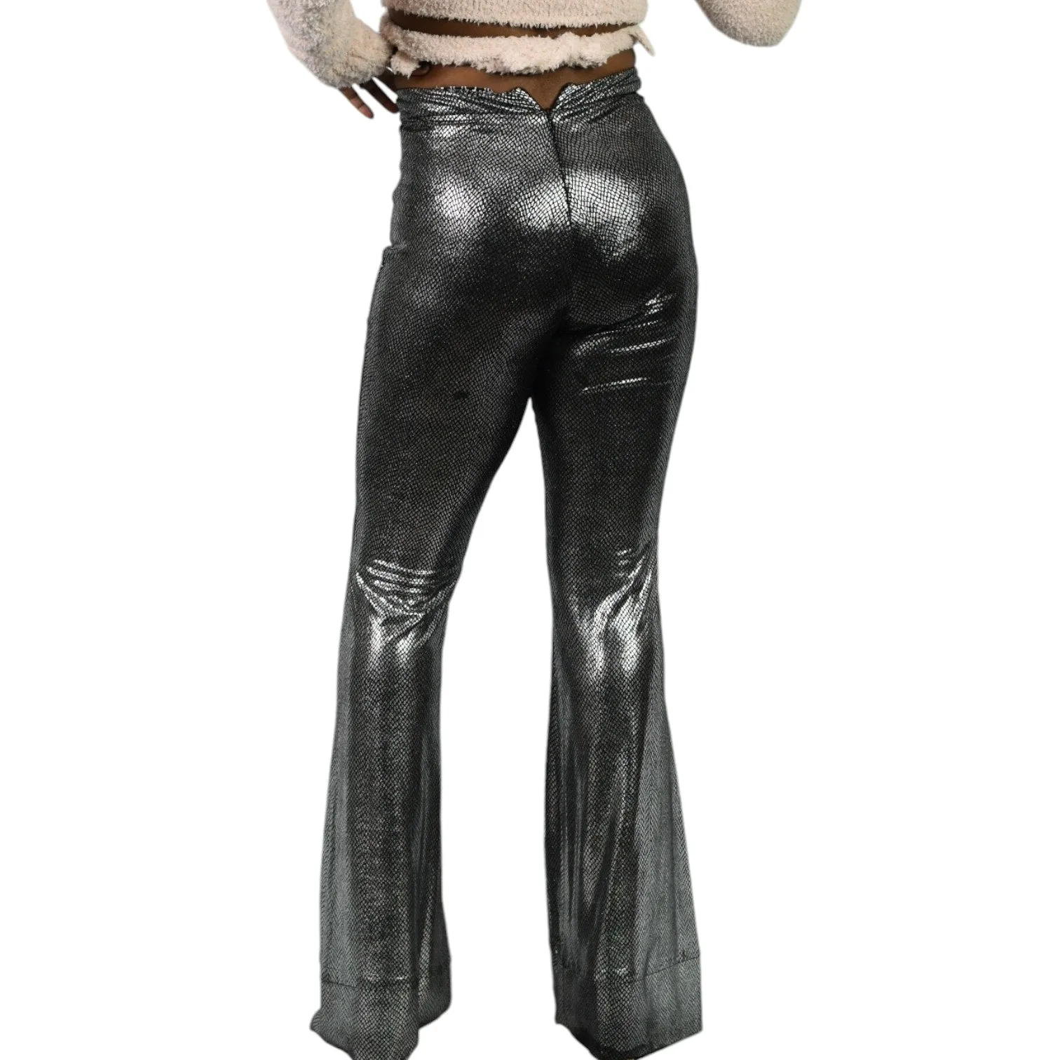 I Am Gia Tiger Mist Flare Pants Silver Metallic Bell Bottom High Rise Flare Textured Snakeskin Size Small