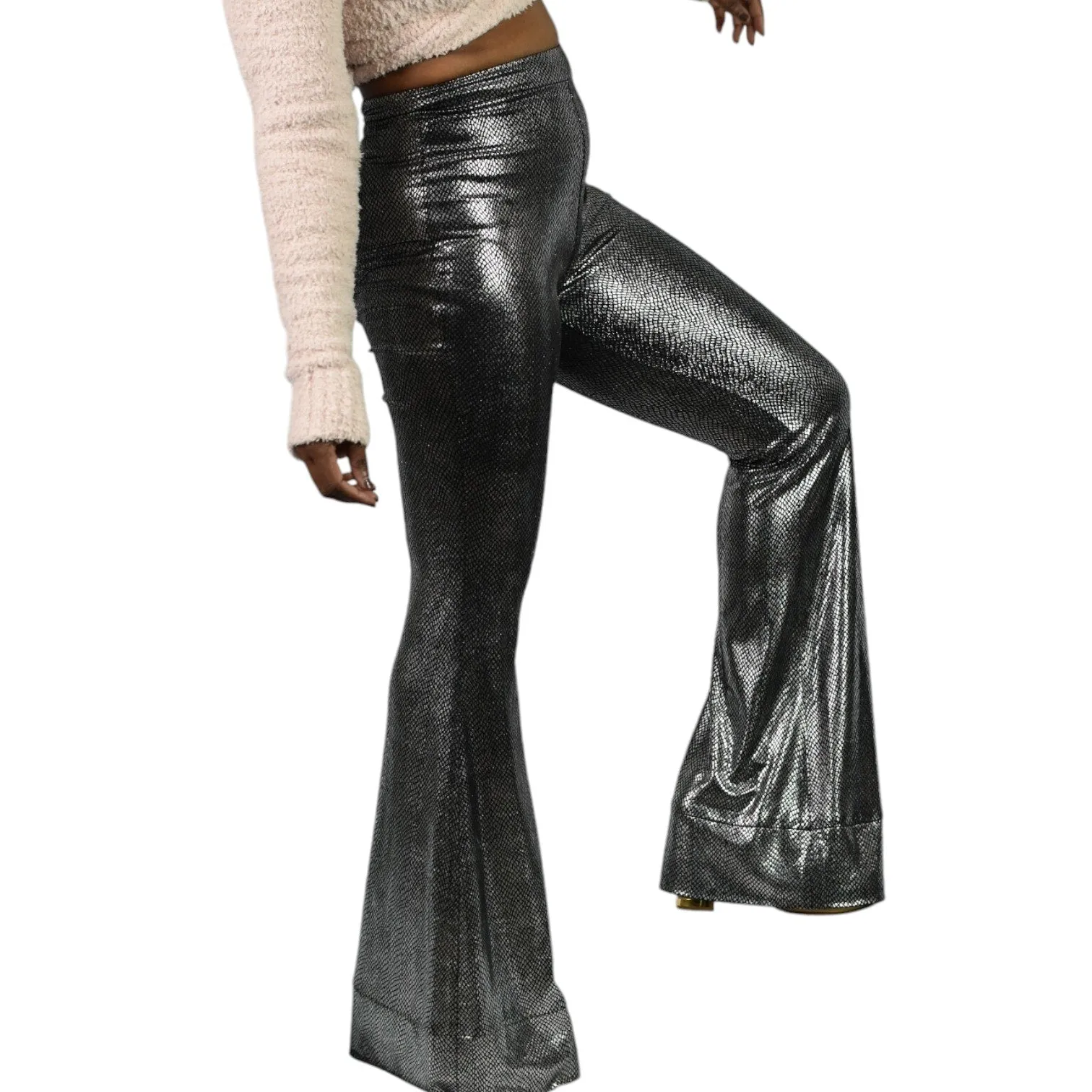 I Am Gia Tiger Mist Flare Pants Silver Metallic Bell Bottom High Rise Flare Textured Snakeskin Size Small