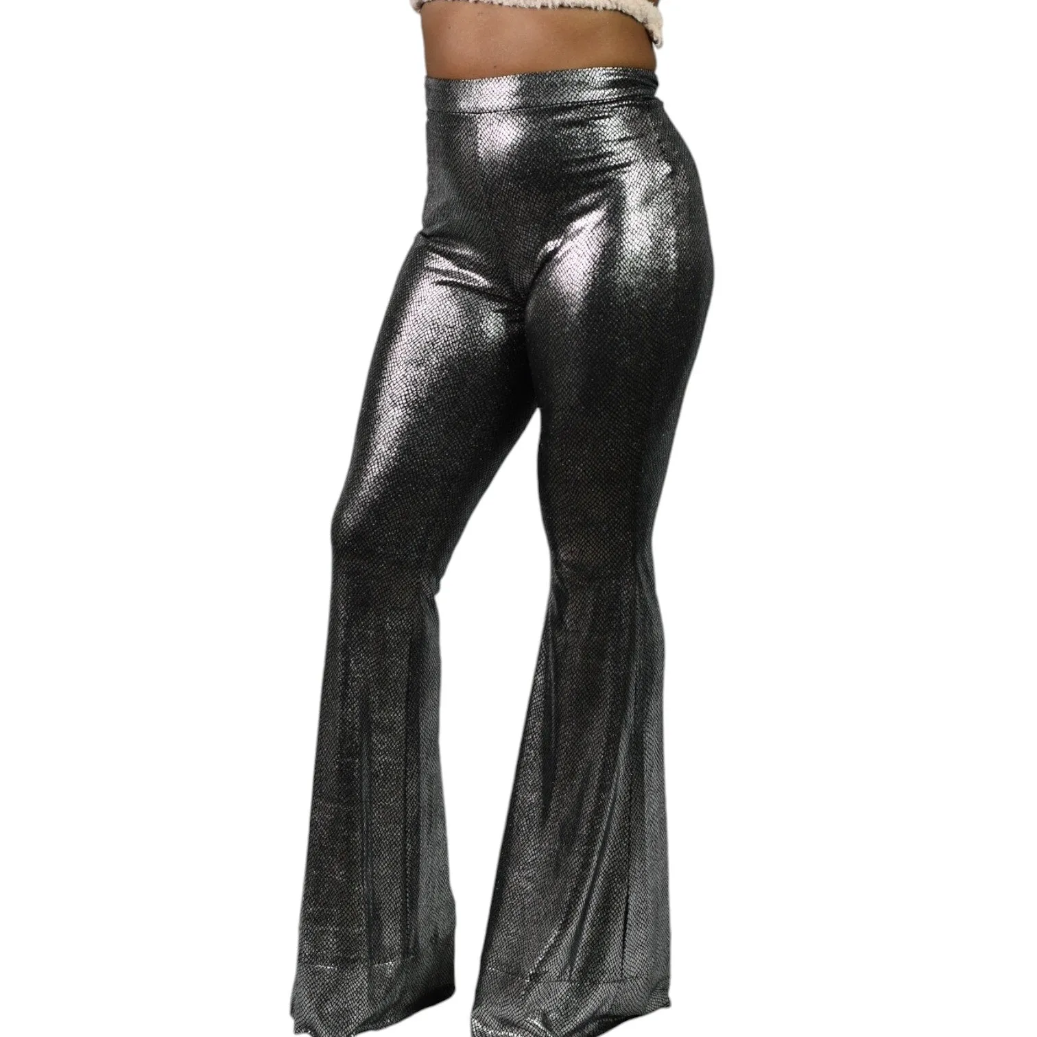 I Am Gia Tiger Mist Flare Pants Silver Metallic Bell Bottom High Rise Flare Textured Snakeskin Size Small