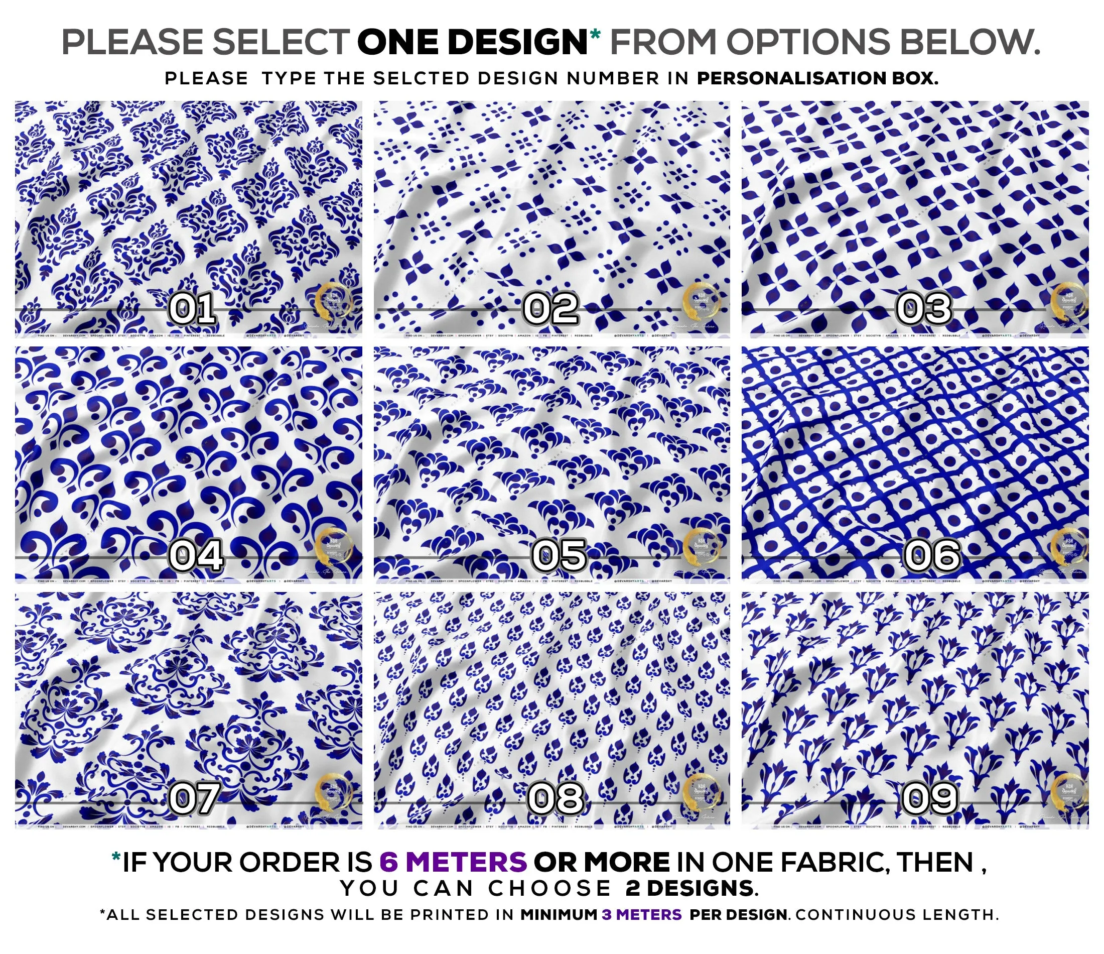 Indigo Block Print Apparel Fabric 3Meters , 9 Designs | 8 Fabrics Option | Fabric By the Yard | 034