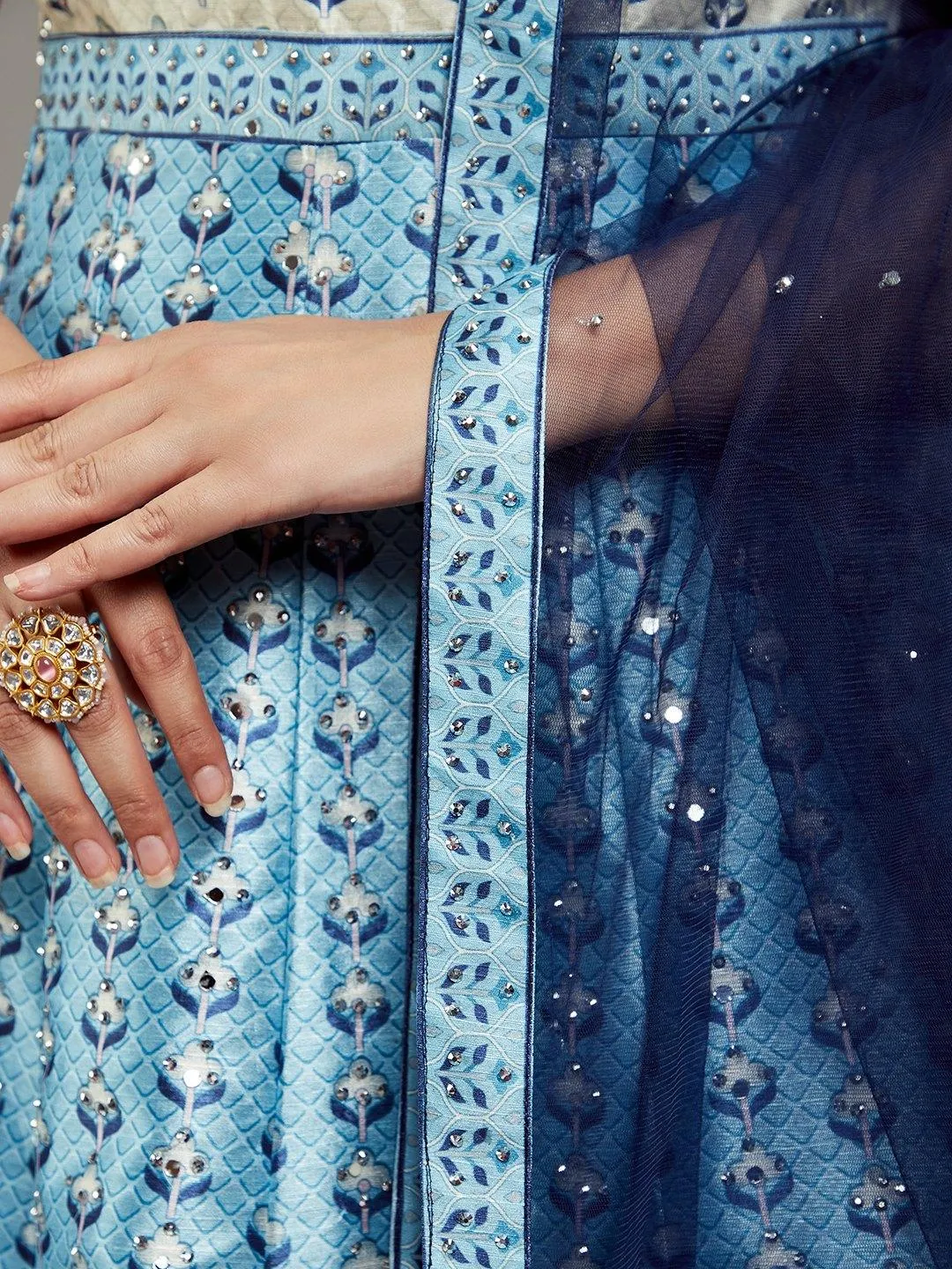 Jashvi Art Blue Printed Silk Gown With Dupatta