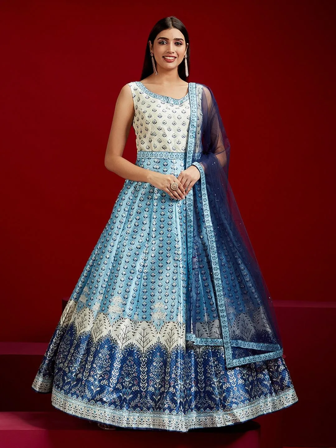 Jashvi Art Blue Printed Silk Gown With Dupatta