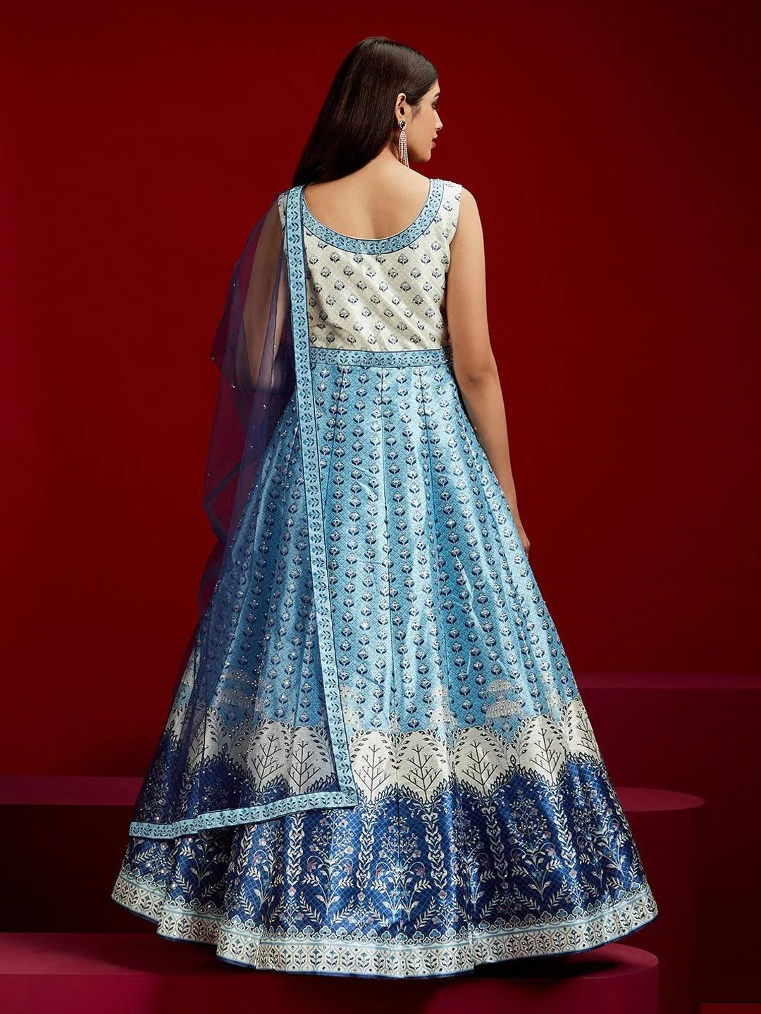 Jashvi Art Blue Printed Silk Gown With Dupatta