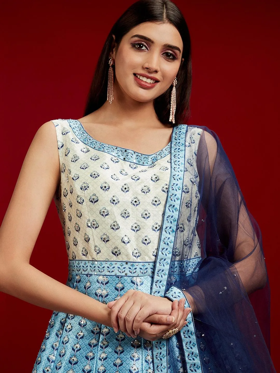Jashvi Art Blue Printed Silk Gown With Dupatta