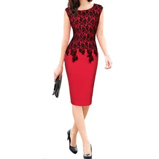 Ketty More Women Sleeveless Flower Lace Round Neck Slim Fit Mid Length Dress-KMWDC2107