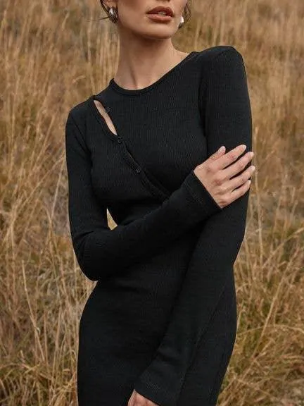 Ladies Round Neck Bodycon Hollow Out Midi Dress Z551