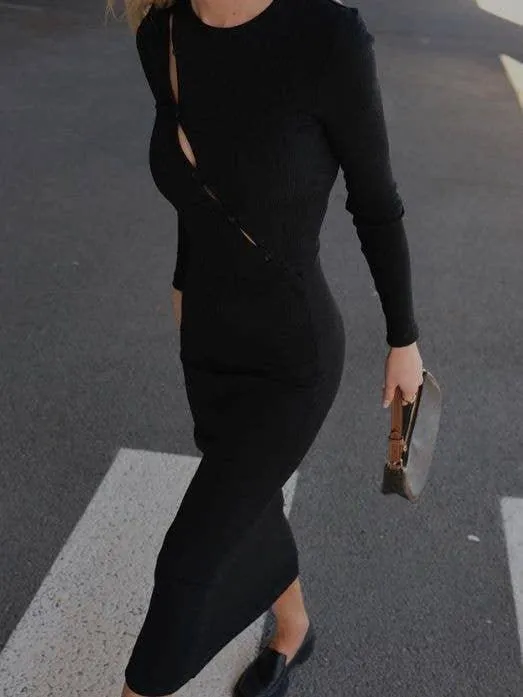 Ladies Round Neck Bodycon Hollow Out Midi Dress Z551