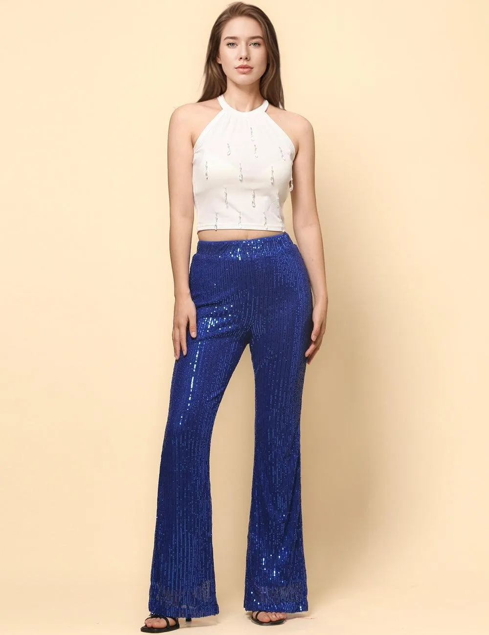Ladies Shinny Sequin Night Out Flared Pants SKP4739