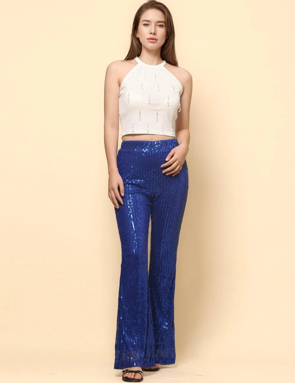 Ladies Shinny Sequin Night Out Flared Pants SKP4739