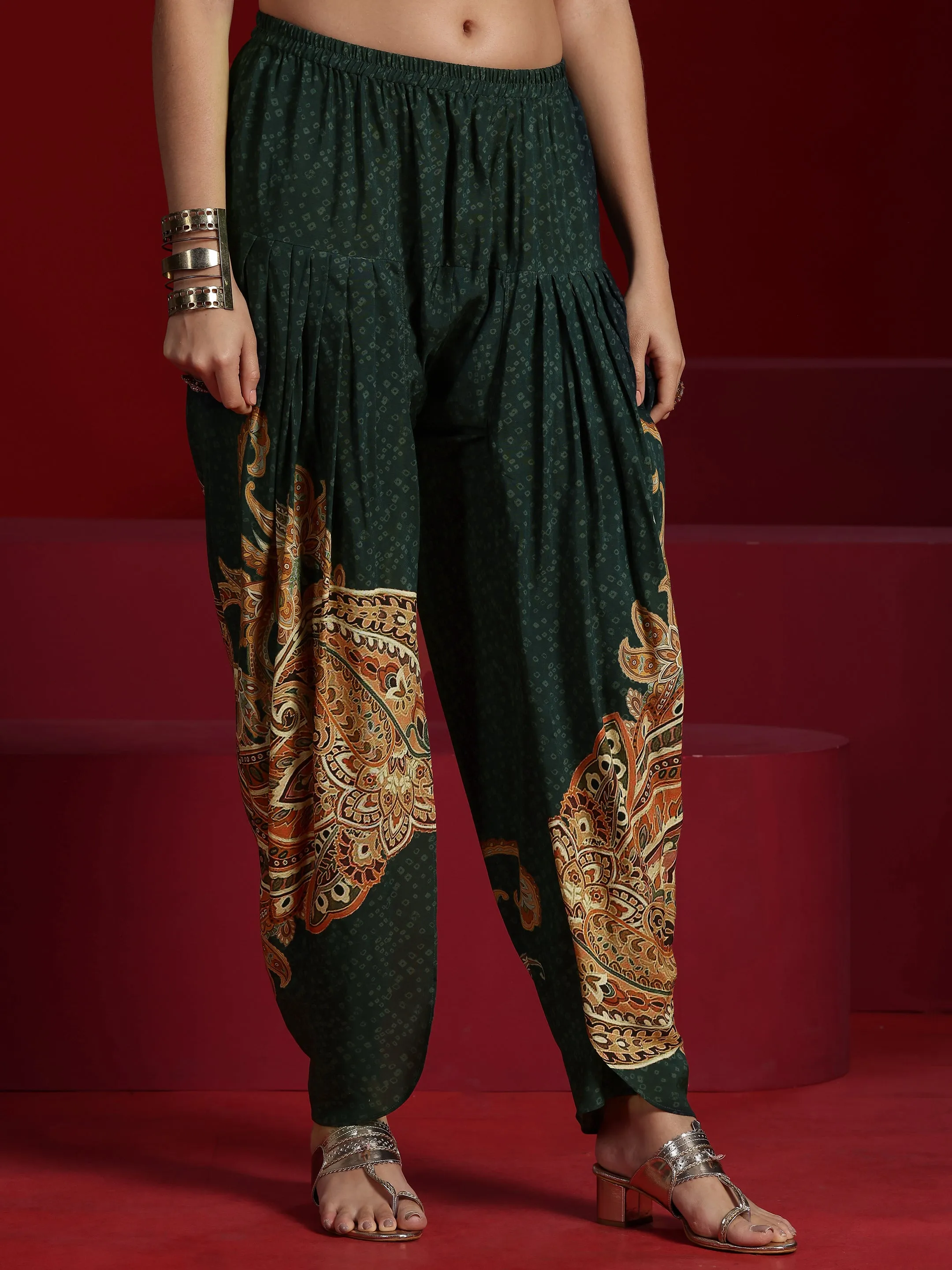 Libas Art Green Printed Silk Blend A-line Kurta With Dhoti Pants