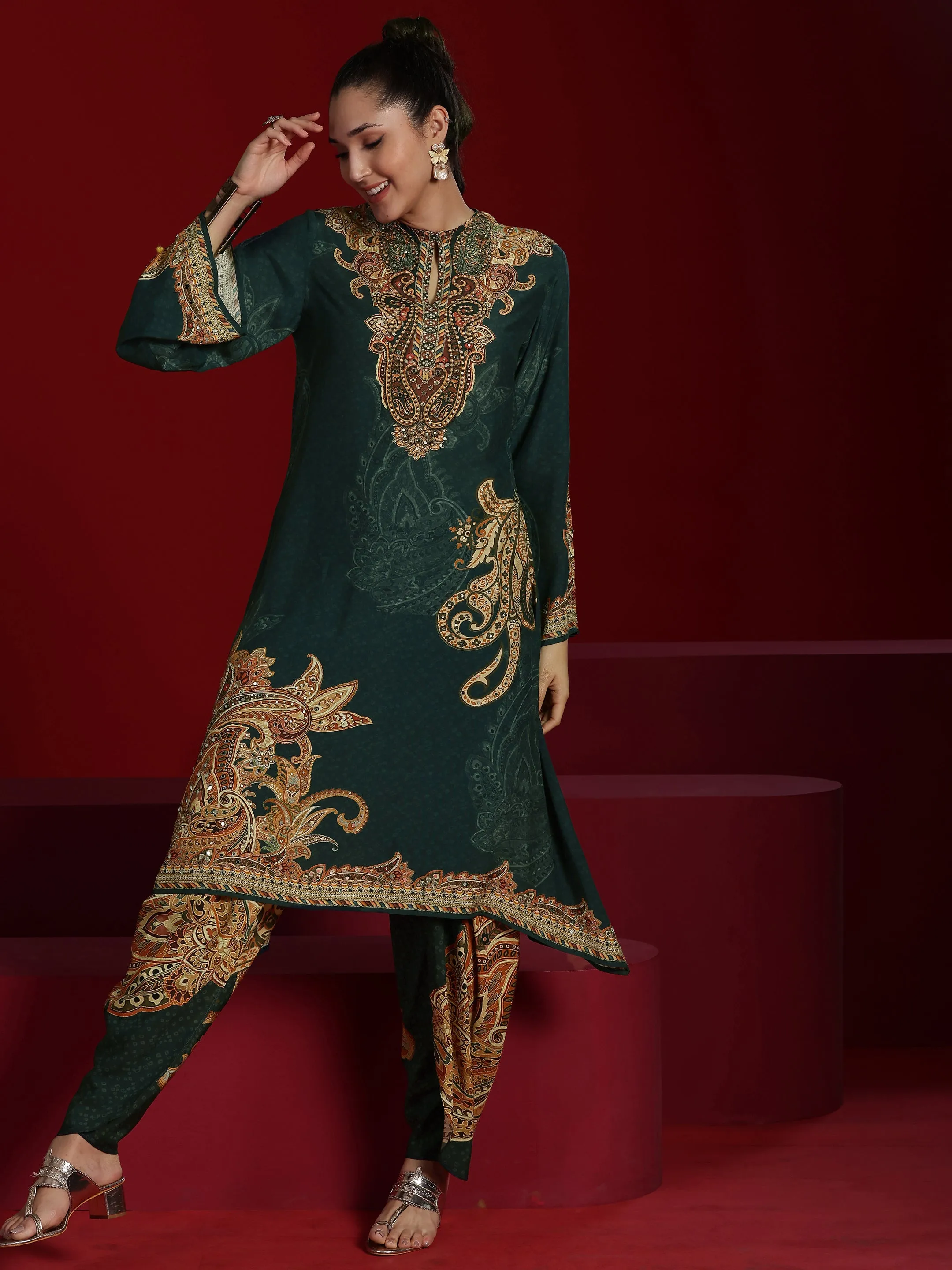 Libas Art Green Printed Silk Blend A-line Kurta With Dhoti Pants