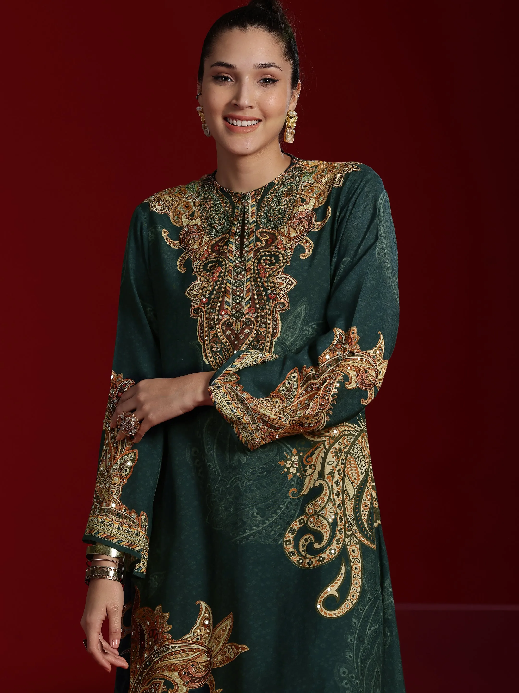 Libas Art Green Printed Silk Blend A-line Kurta With Dhoti Pants