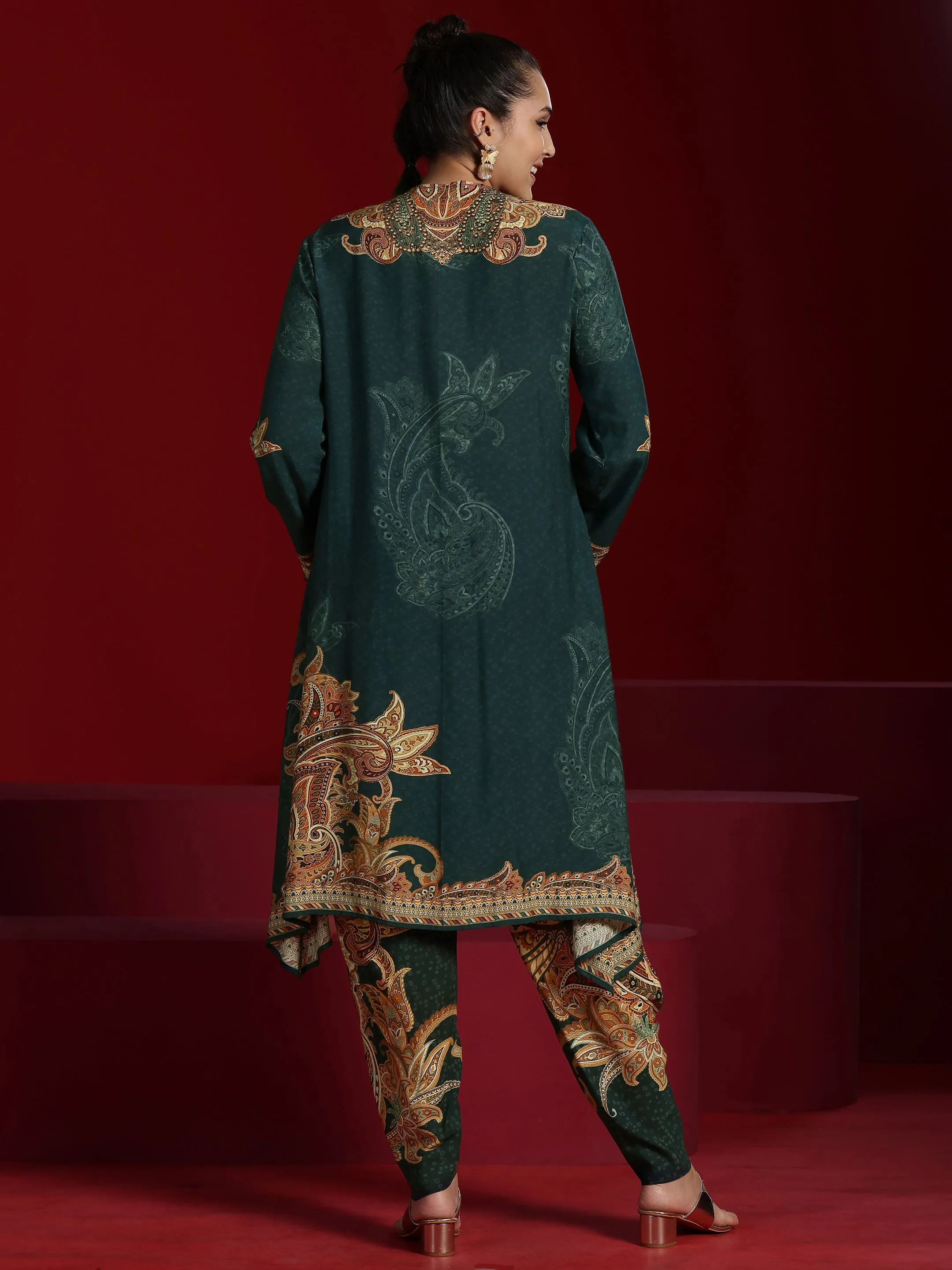 Libas Art Green Printed Silk Blend A-line Kurta With Dhoti Pants