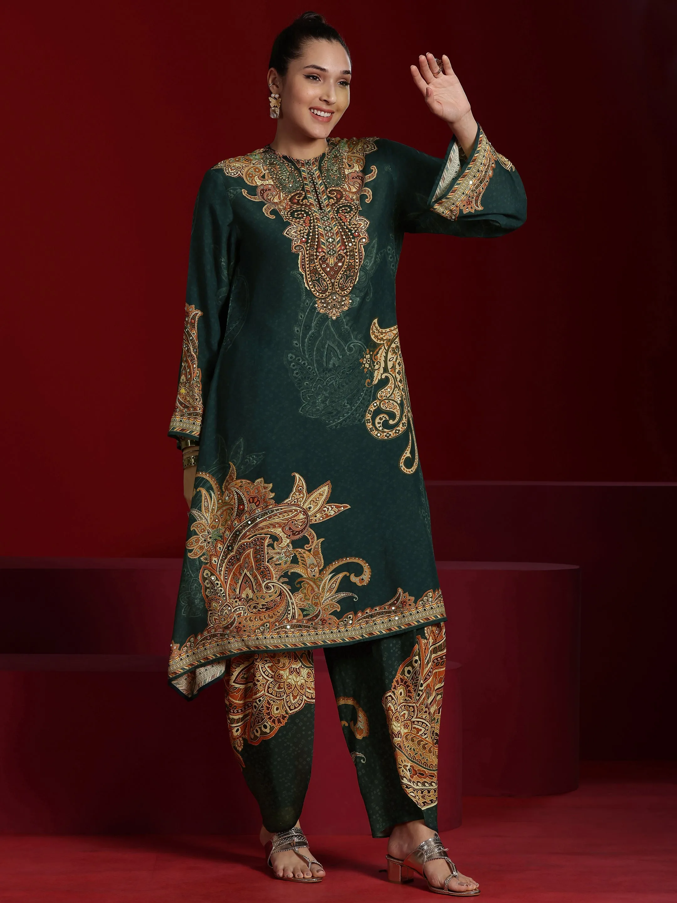 Libas Art Green Printed Silk Blend A-line Kurta With Dhoti Pants