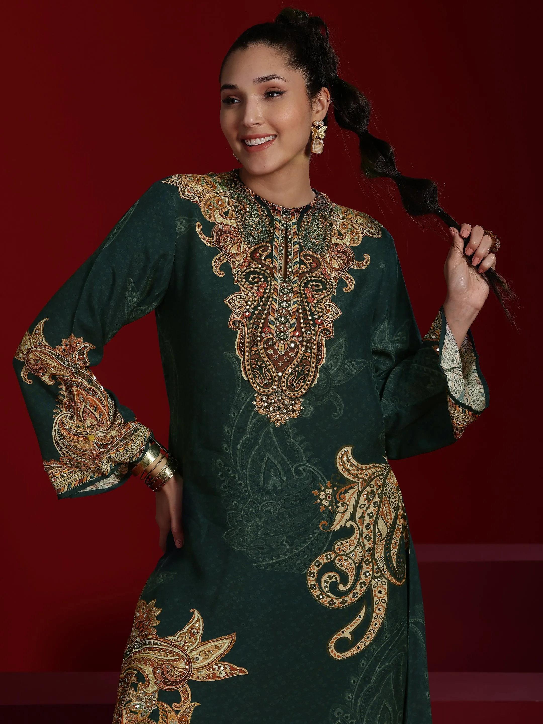 Libas Art Green Printed Silk Blend A-line Kurta With Dhoti Pants