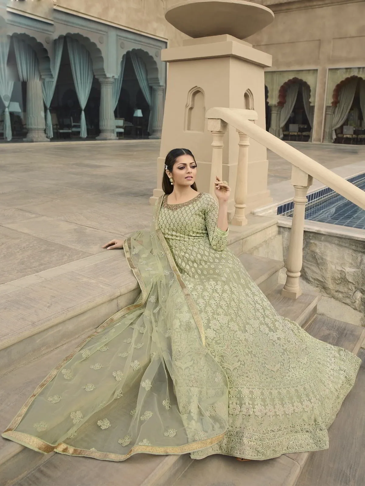 Light Green Chikankari Embroidered Anarkali Suit