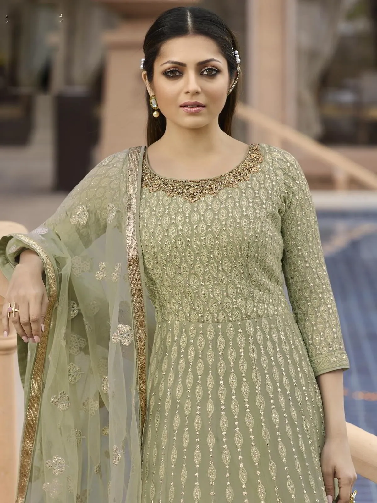 Light Green Chikankari Embroidered Anarkali Suit