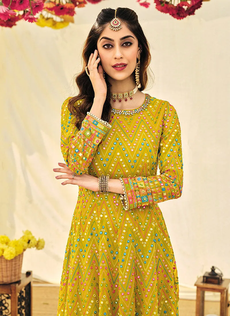 Lime Yellow Embroidered Georgette Indian Anarkali