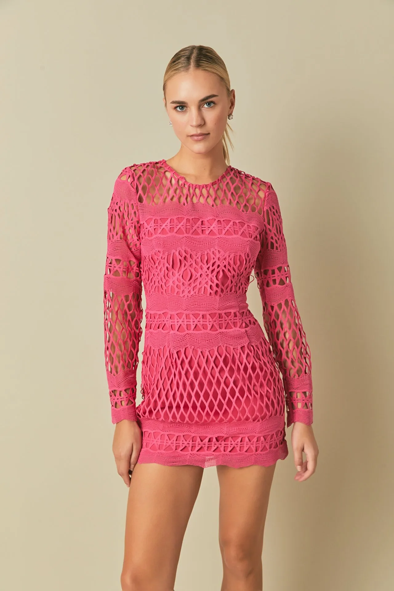 Long Sleeve Crochet Mini Dress