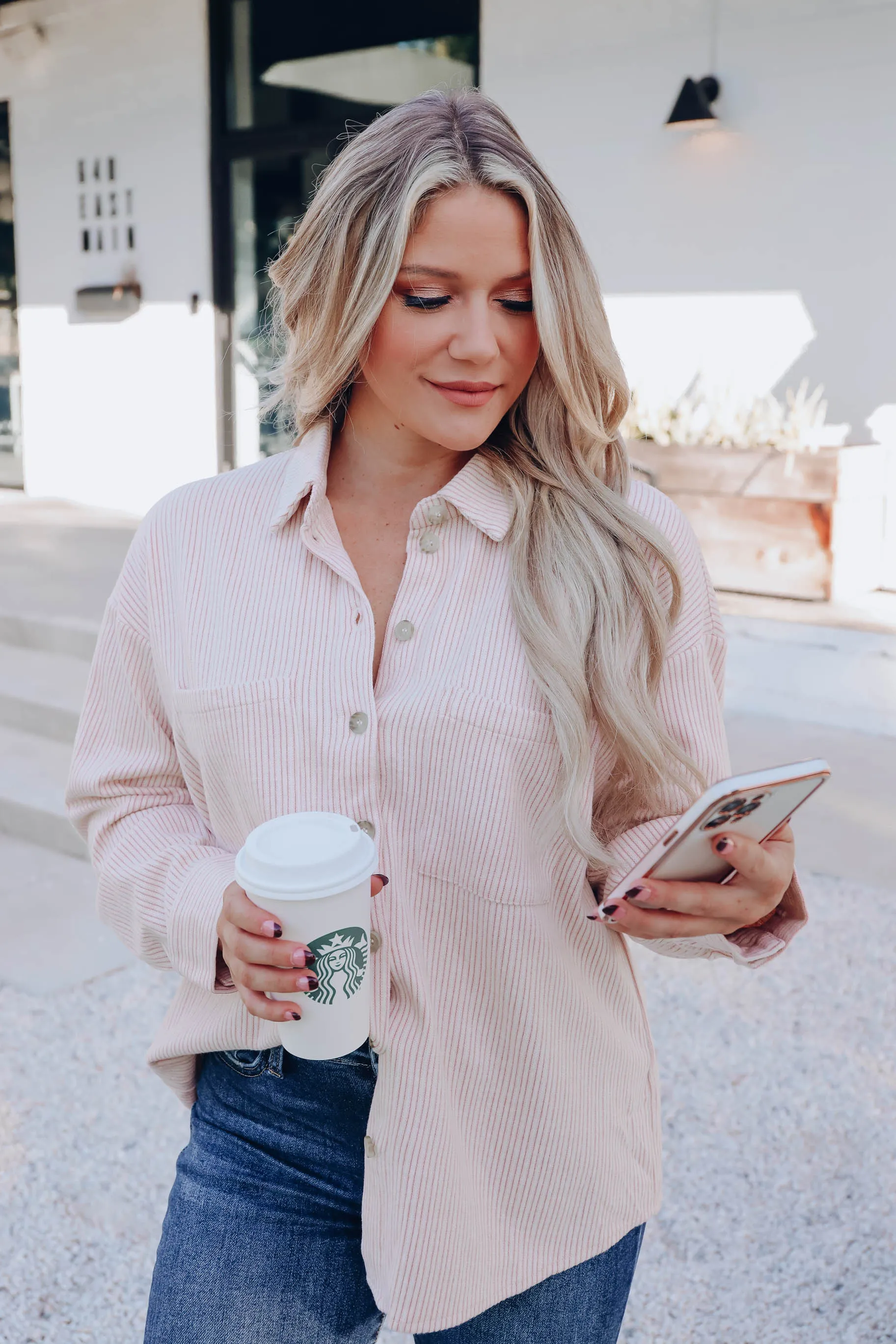 Mandy Corduroy Button Up Top - White/Pink