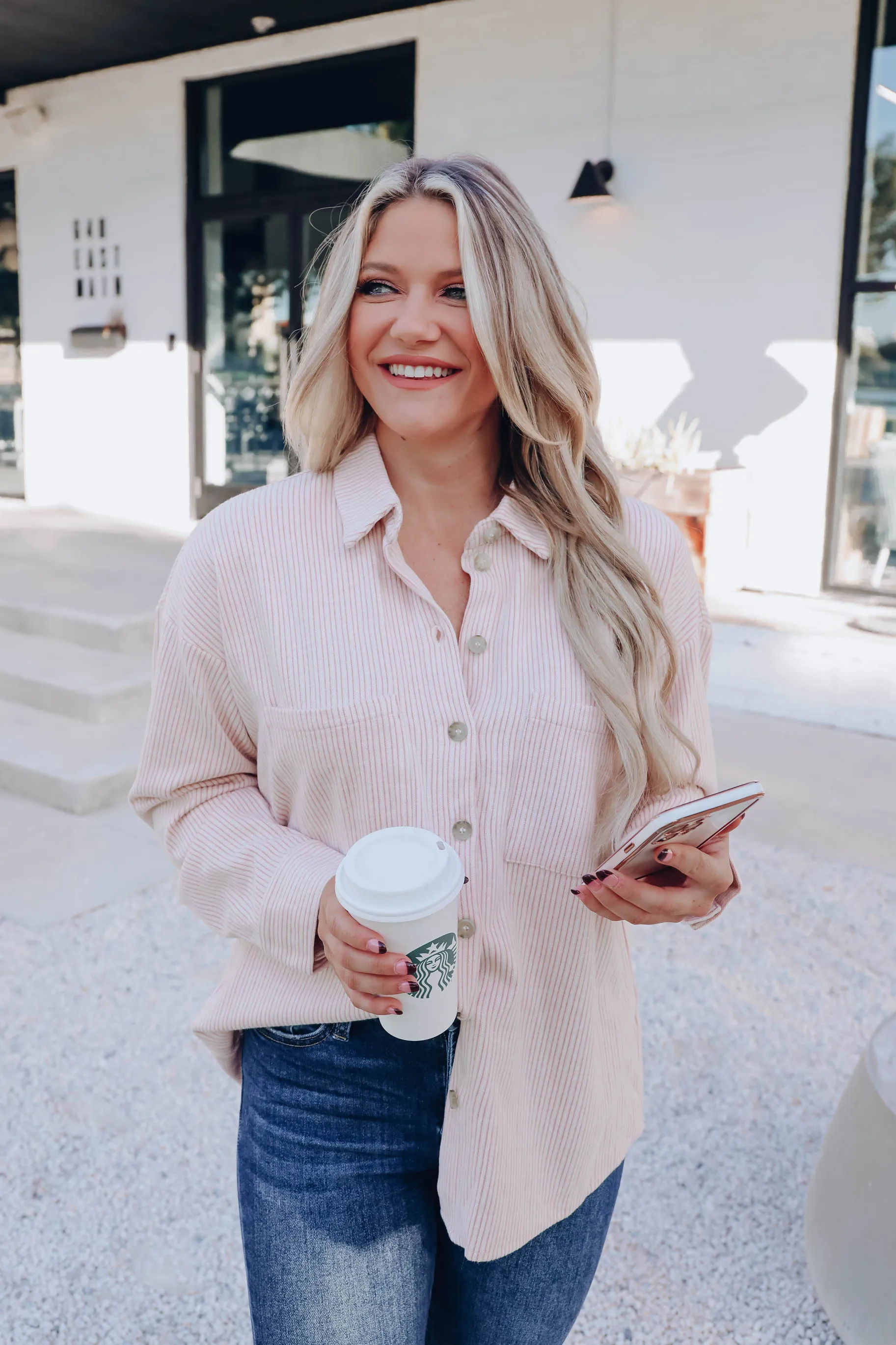 Mandy Corduroy Button Up Top - White/Pink