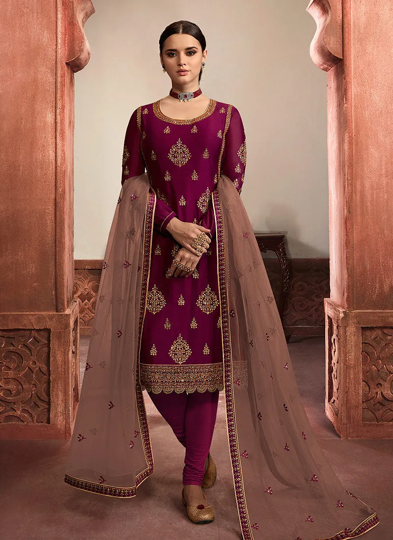 Maroon And Mauve Embroidered Lehenga/Pant Suit