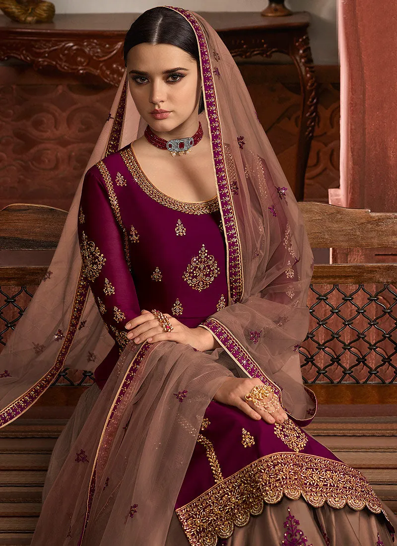 Maroon And Mauve Embroidered Lehenga/Pant Suit