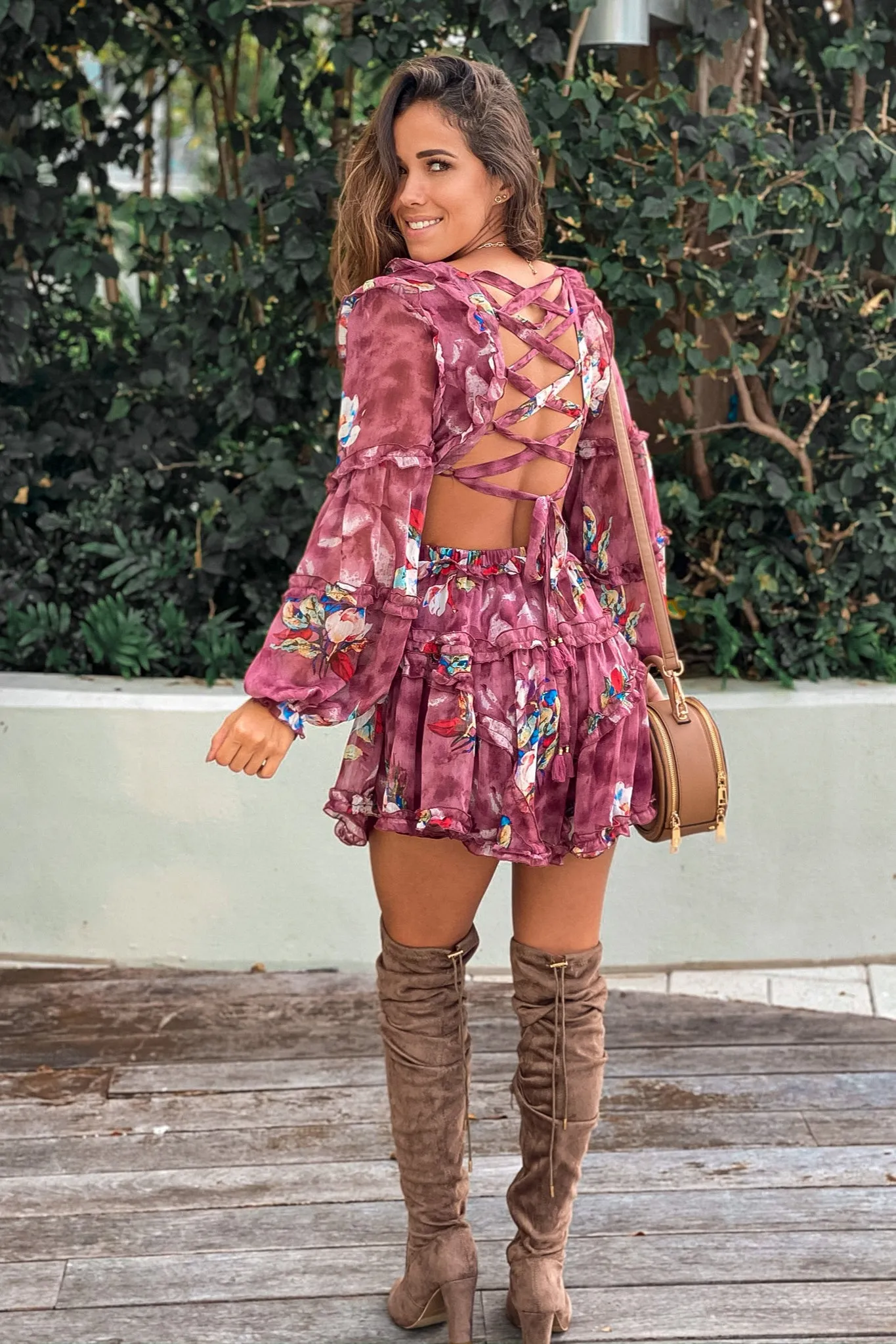 Maroon Floral Strappy Back Short Dress