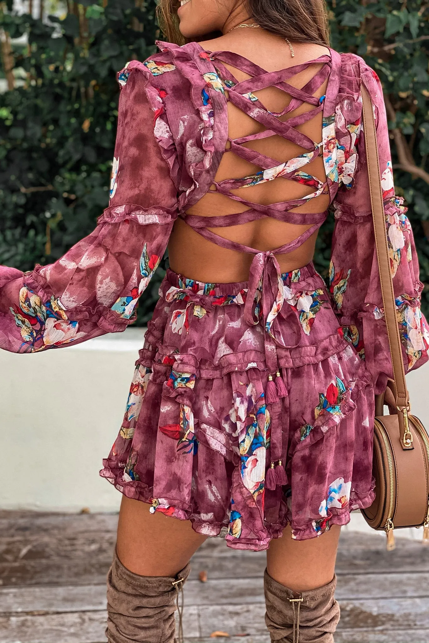 Maroon Floral Strappy Back Short Dress